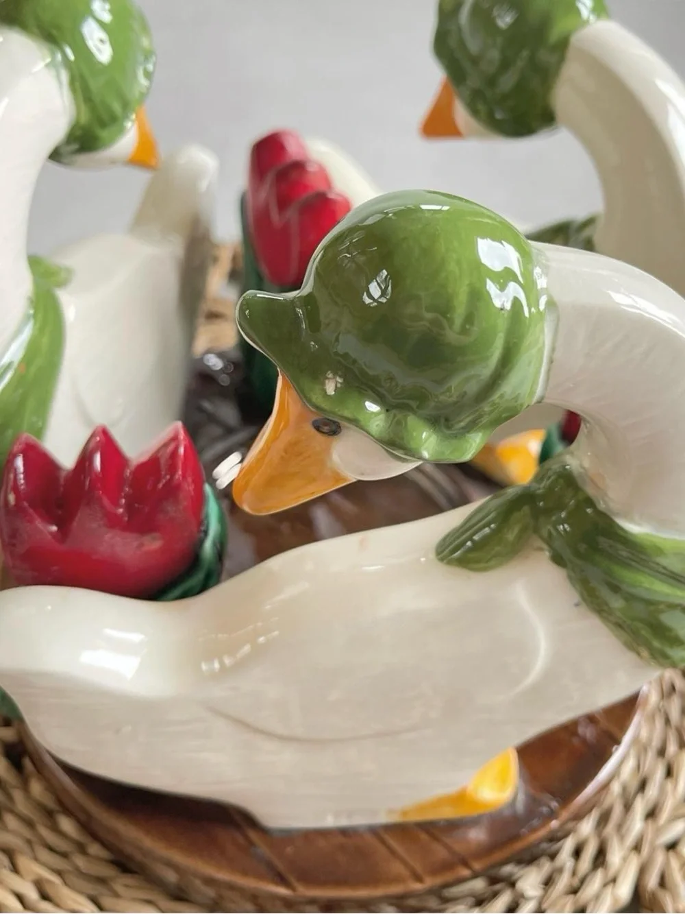 Cottagecore Vintage Ceramic Hand Painted Geese & Red Tulips Candle Holder Folksy